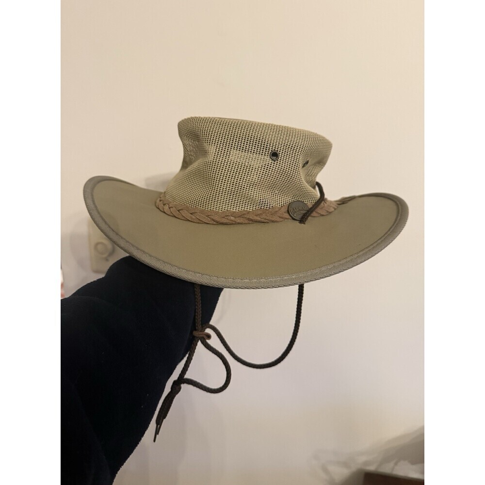 BARMAH Australia "Canvas Cooler" Vented Mesh Hat Tan Brown w/ Chin Cord Medium